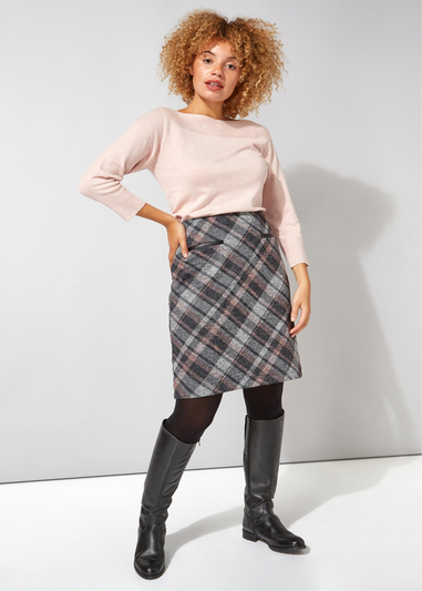 Roman Pink Check Print Textured Elastic Waist Skirt