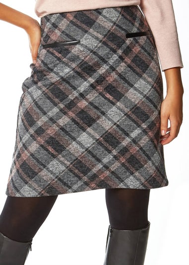 Roman Pink Check Print Textured Elastic Waist Skirt