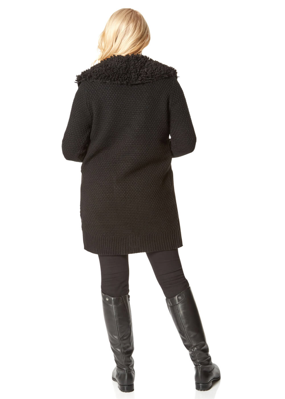 Roman Black Longline Faux Shearling Knit Coatigan