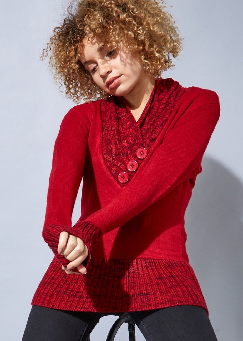 Roman Red V-Neck Overlap Button Detail Jumper