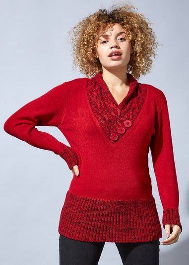 Roman Red V-Neck Overlap Button Detail Jumper