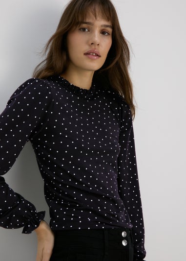 Black Spotted Piecrust Collar Jersey Top