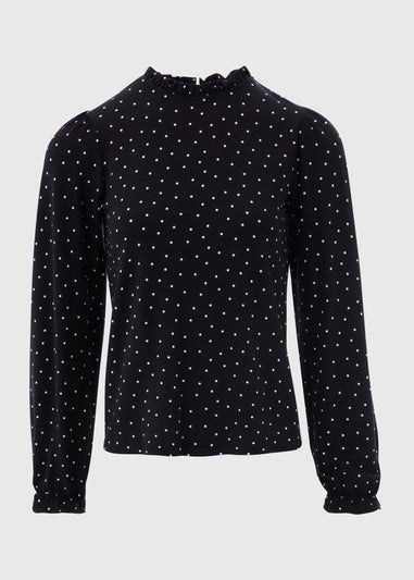 Black Spotted Piecrust Collar Jersey Top