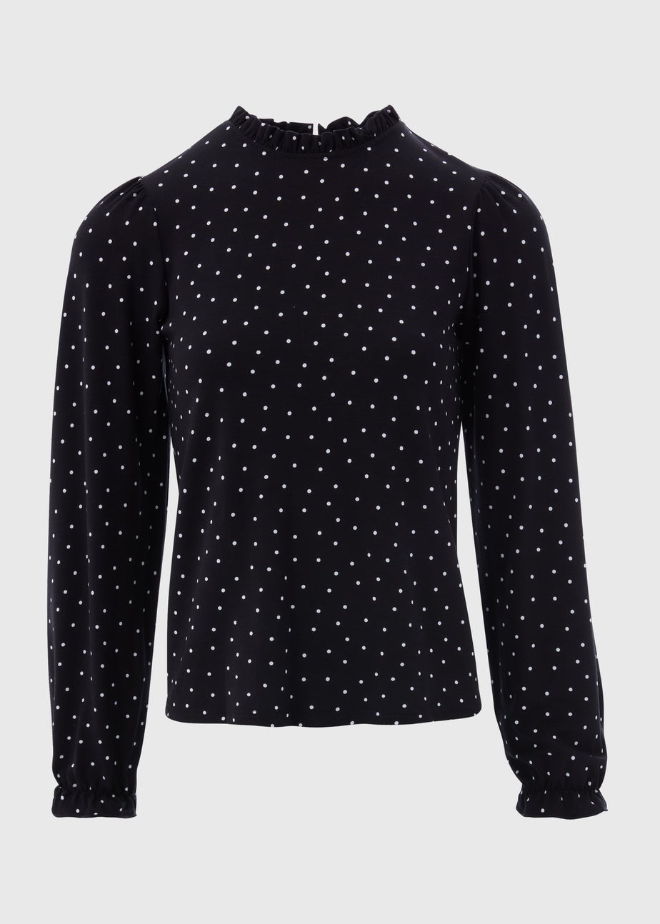 Black Spotted Piecrust Collar Jersey Top