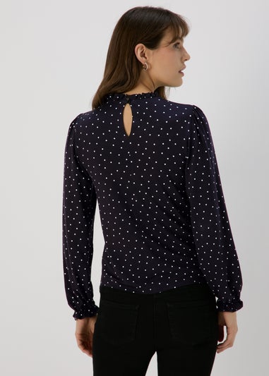 Black Spotted Piecrust Collar Jersey Top