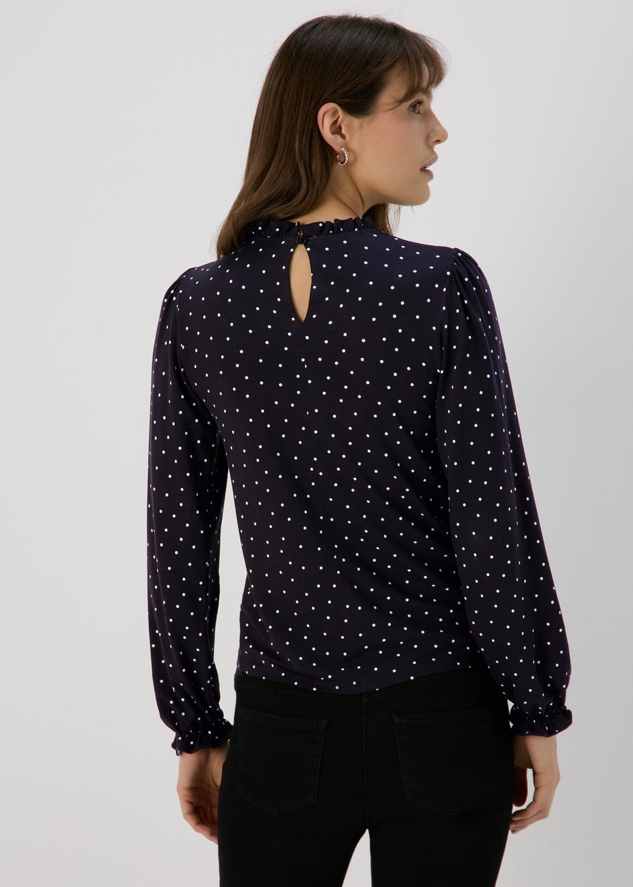 Black Spotted Piecrust Collar Jersey Top