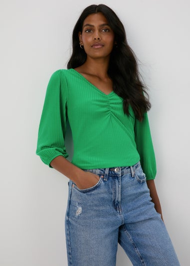 Green Balloon Sleeve Ruched Top
