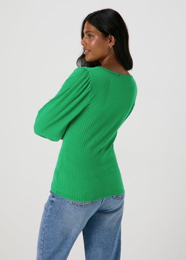 Green Balloon Sleeve Ruched Top