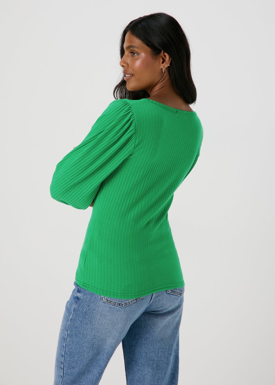 Green Balloon Sleeve Ruched Top