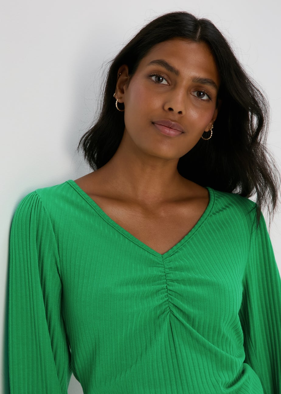 Green Balloon Sleeve Ruched Top