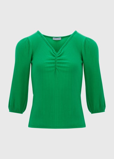 Green Balloon Sleeve Ruched Top