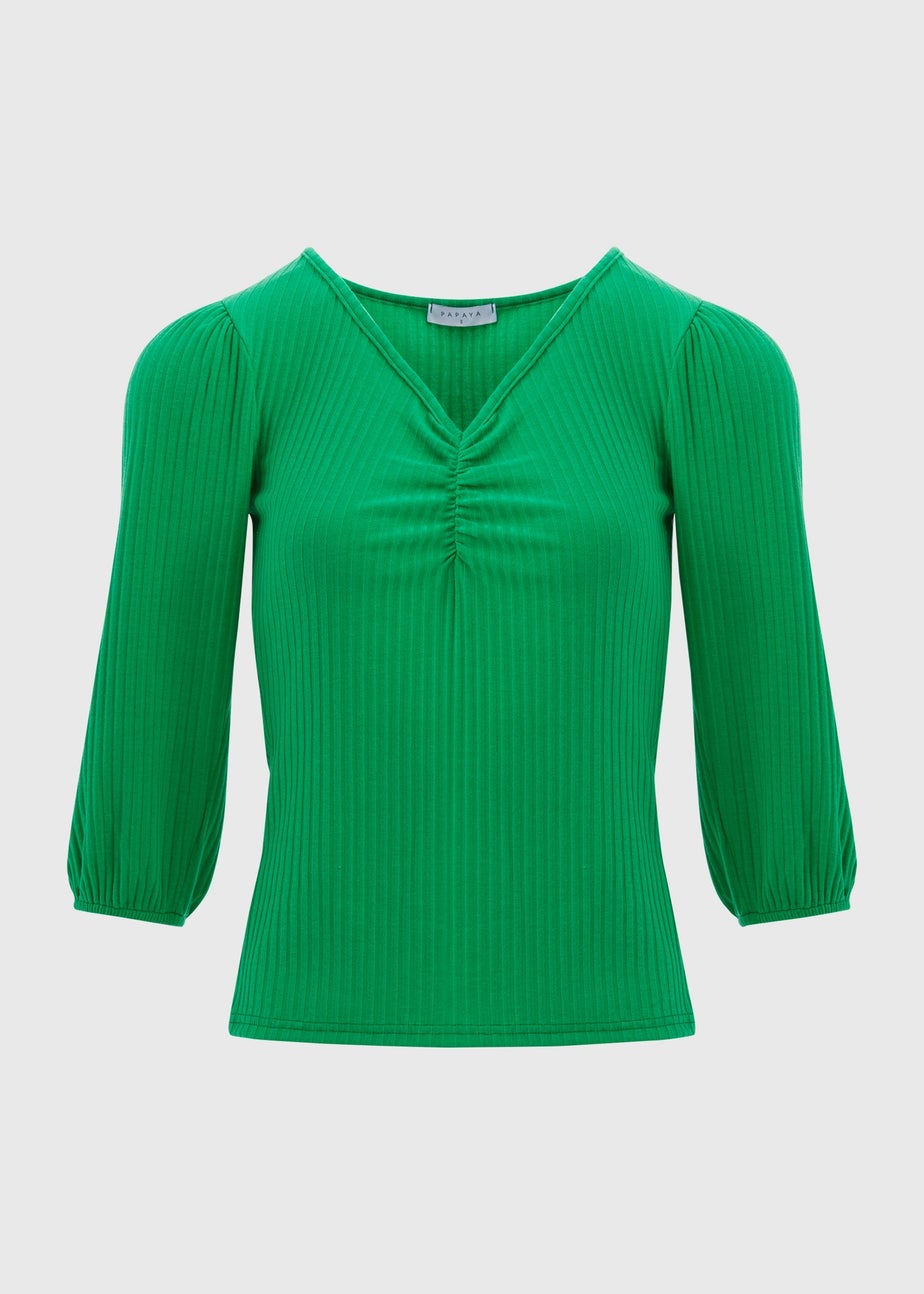 Green Balloon Sleeve Ruched Top