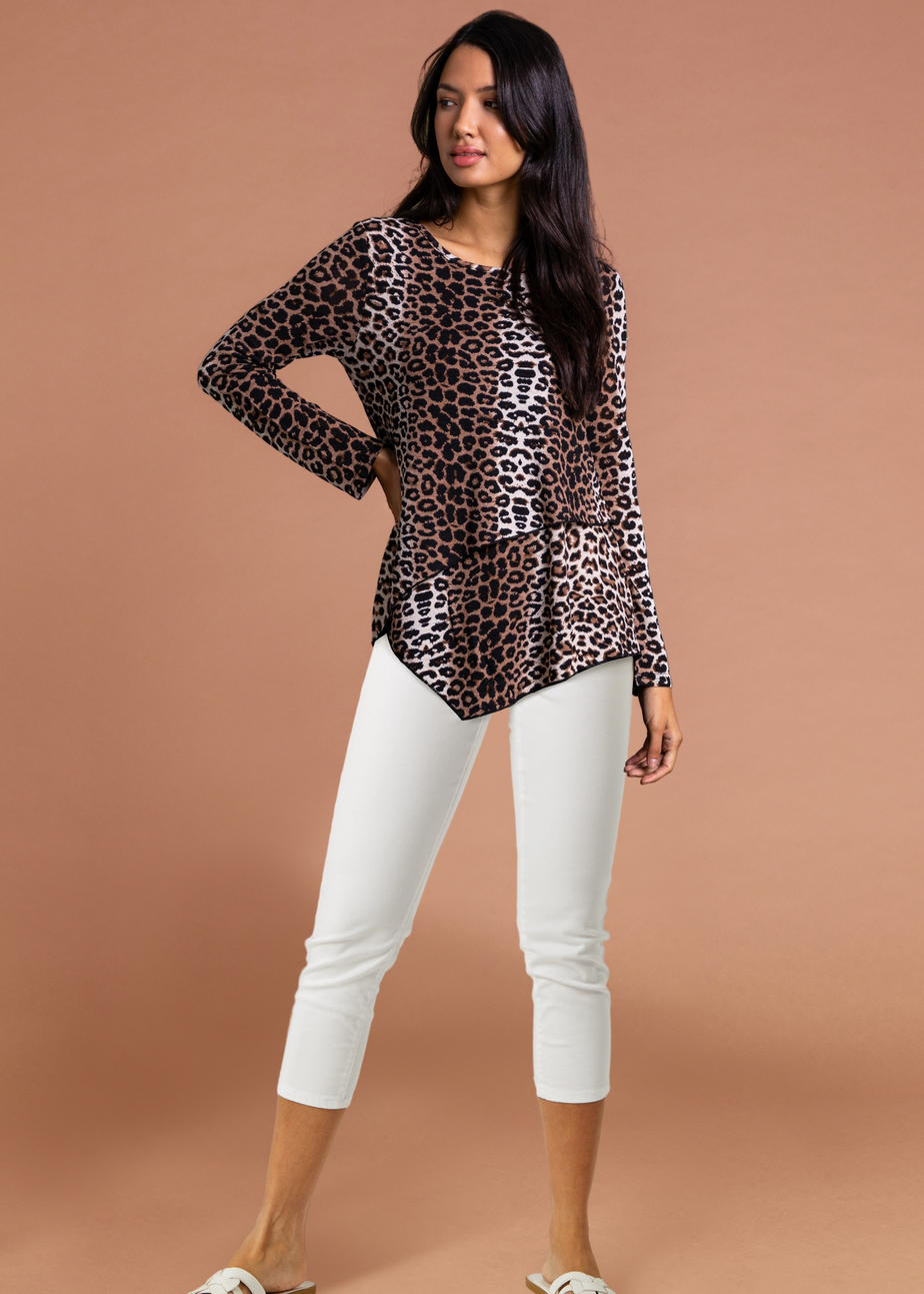 Roman Brown Animal Leopard Print Layered Asymmetric Top