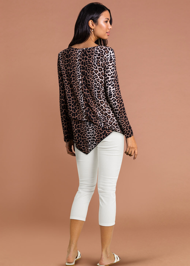 Roman Brown Animal Leopard Print Layered Asymmetric Top
