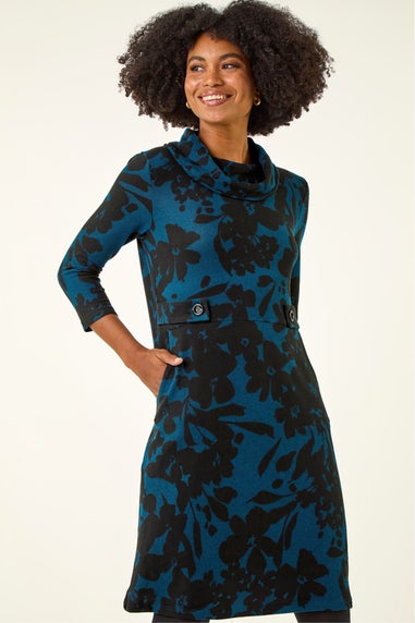 Roman Teal Floral Print Cowl Neck Dress