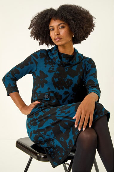 Roman Teal Floral Print Cowl Neck Dress