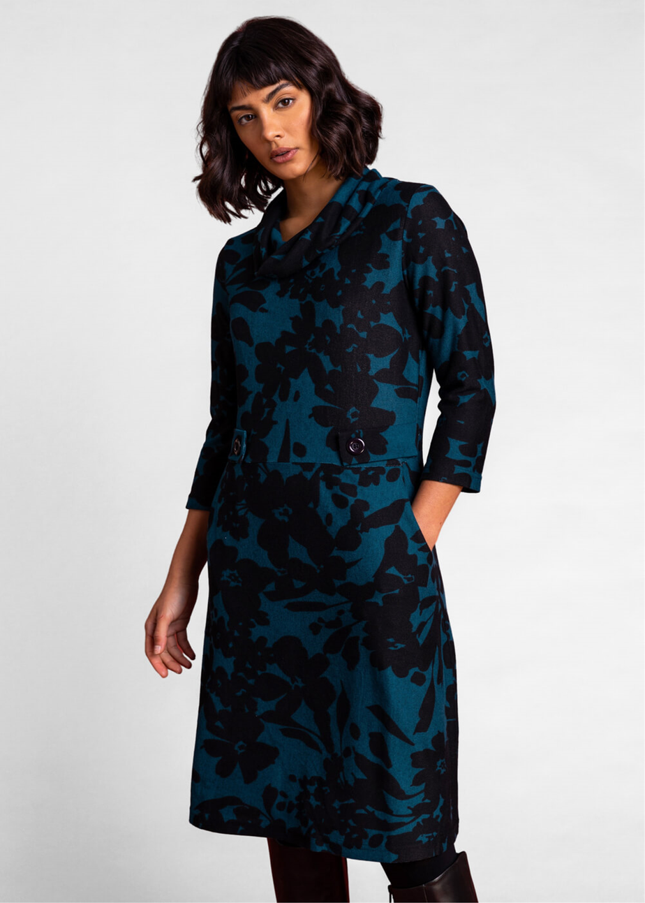 Roman Teal Floral Print Cowl Neck Dress