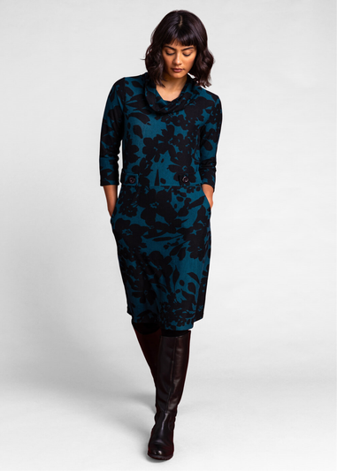 Roman Teal Floral Print Cowl Neck Dress