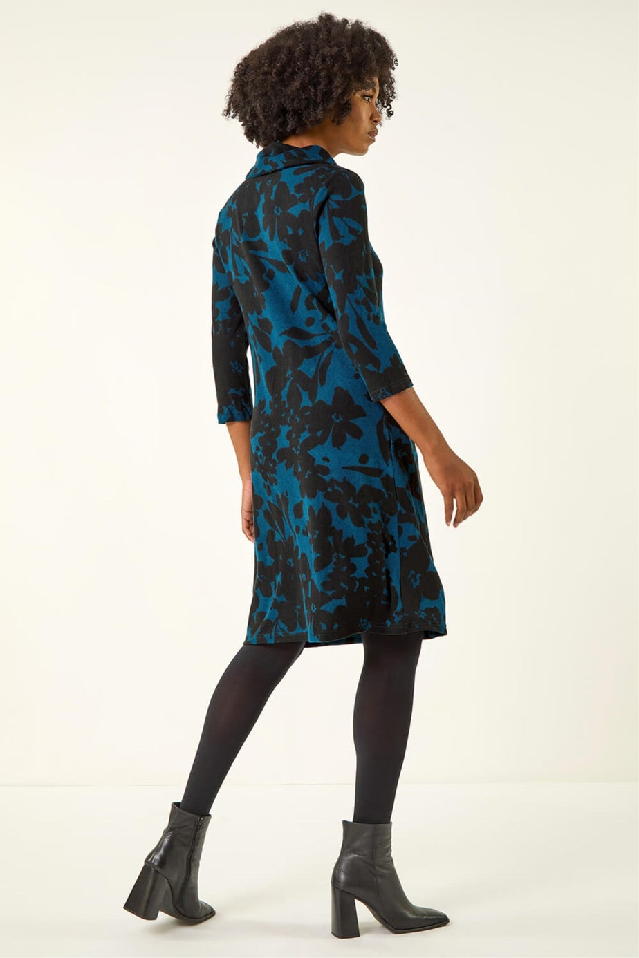 Roman Teal Floral Print Cowl Neck Dress