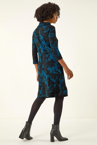 Roman Teal Floral Print Cowl Neck Dress