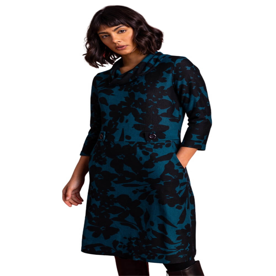 Roman Teal Floral Print Cowl Neck Dress