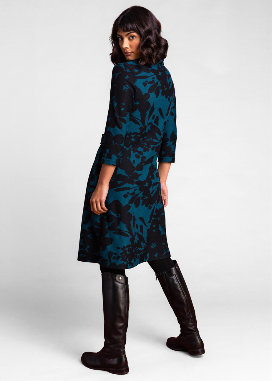 Roman Teal Floral Print Cowl Neck Dress