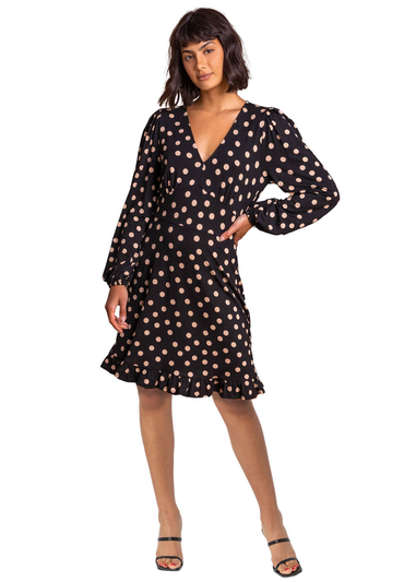 Roman Black Frill Detail Spot Stretch Dress