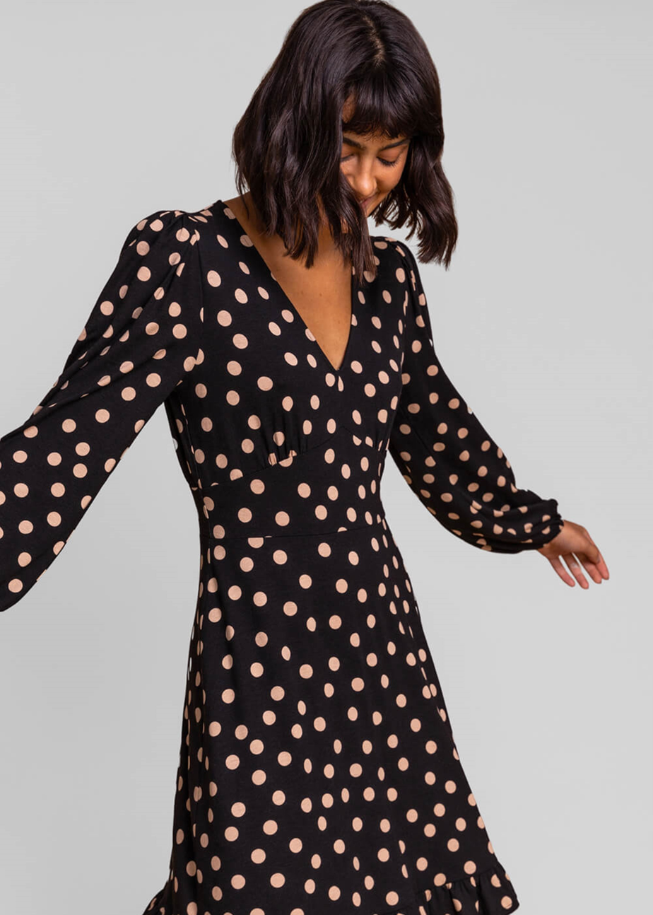 Roman Black Frill Detail Spot Stretch Dress