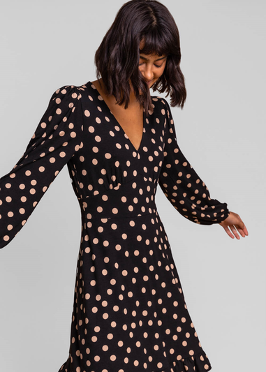 Roman Black Frill Detail Spot Stretch Dress