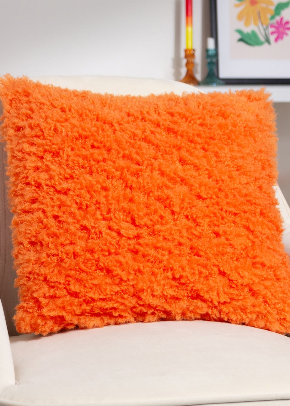 Heya Home Fluff Ball Faux Fur Filled Cushion (45cm x 45cm x 8cm) Orange Fever