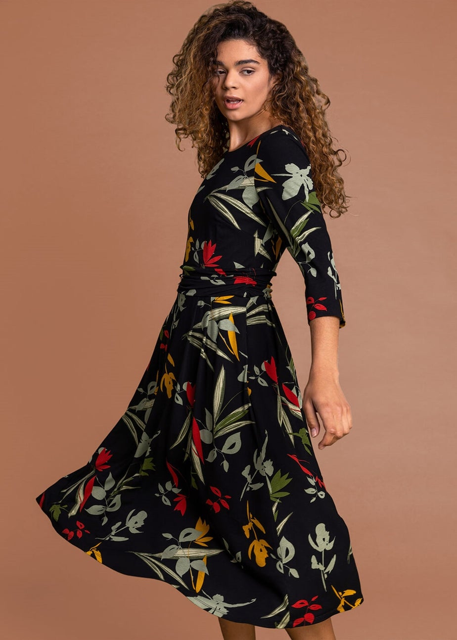 Roman Black Floral Print Gathered Waist Dress