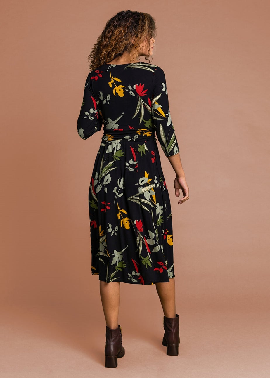Roman Black Floral Print Gathered Waist Dress