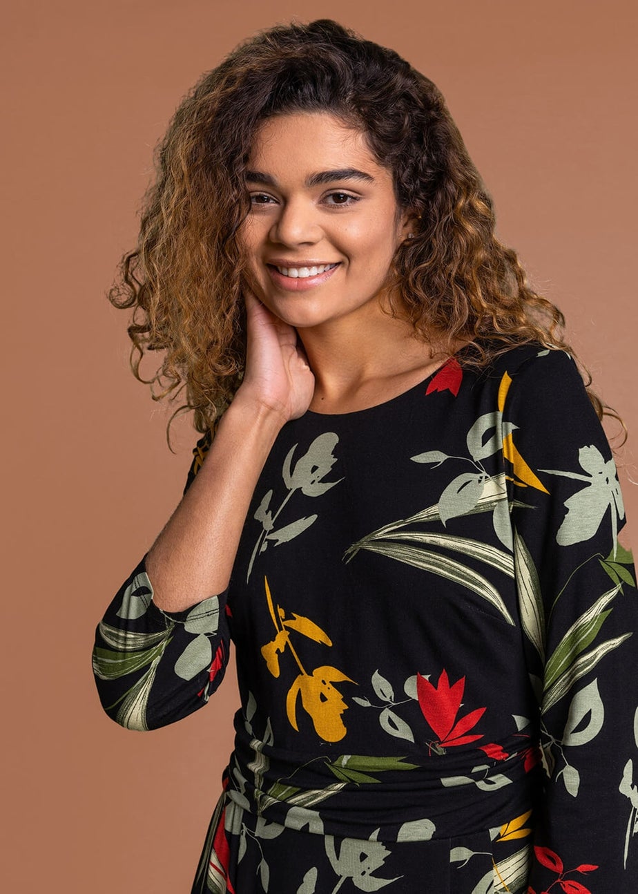 Roman Black Floral Print Gathered Waist Dress