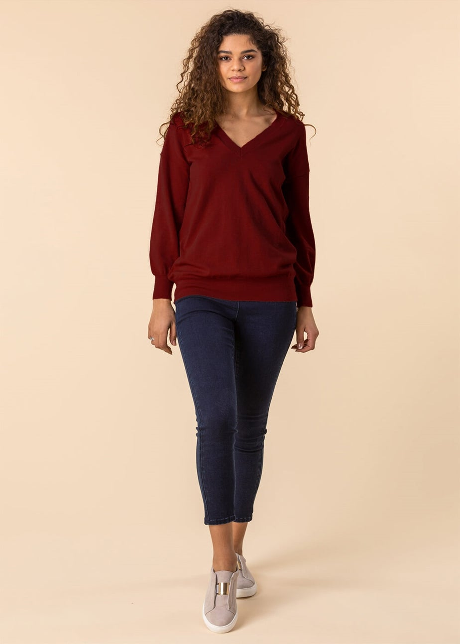Roman Red Plain V-Neck Stretch Longline Jumper