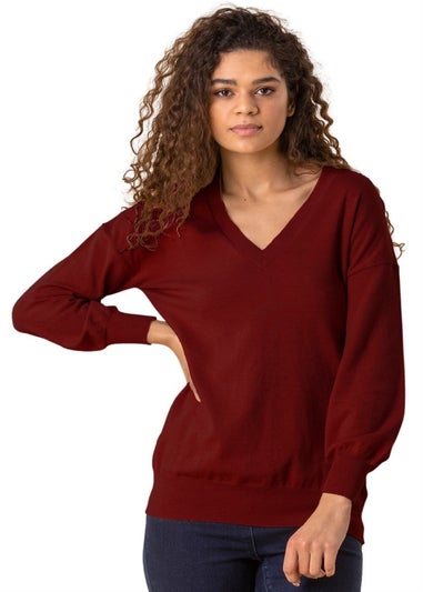 Roman Red Plain V-Neck Stretch Longline Jumper