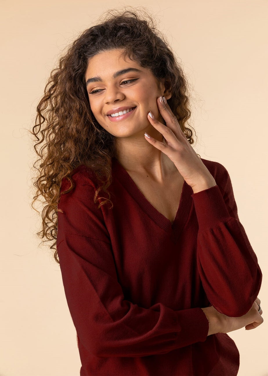 Roman Red Plain V-Neck Stretch Longline Jumper