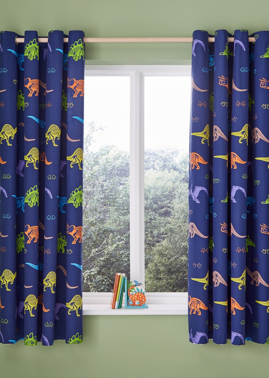 Catherine Lansfield Prehistoric Dinosaurs Fully Reversible Curtains Natural/Blue
