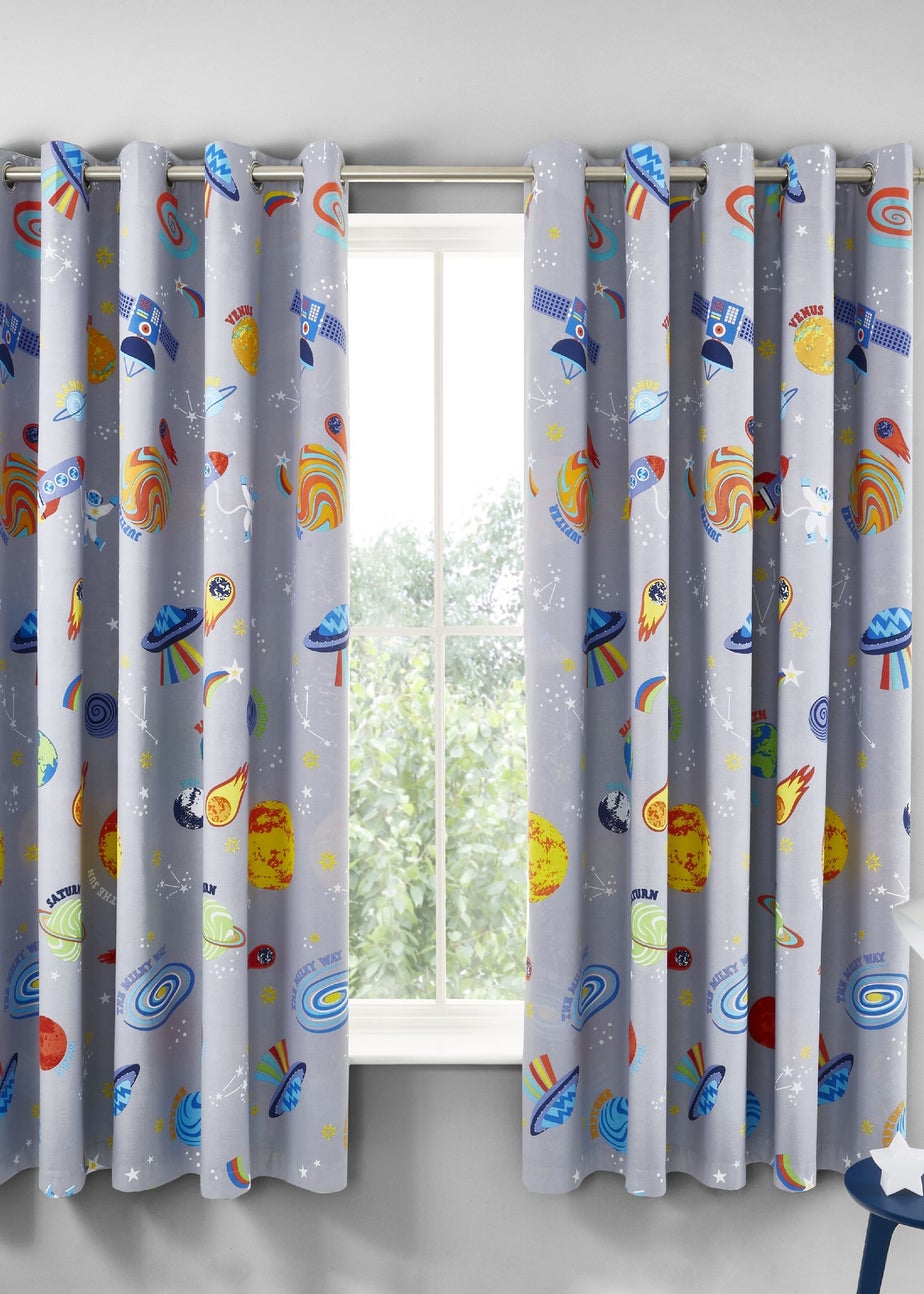 Catherine Lansfield Lost In Space Fully Reversible Curtains Grey/Blue