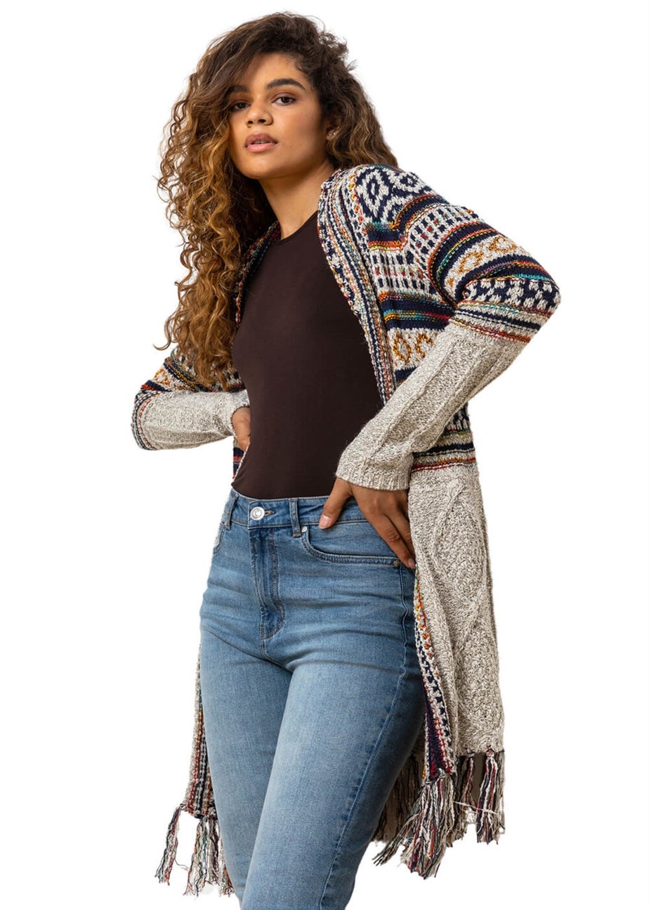 Roman Natural Aztec Print Tassel Hem Longline Cardigan
