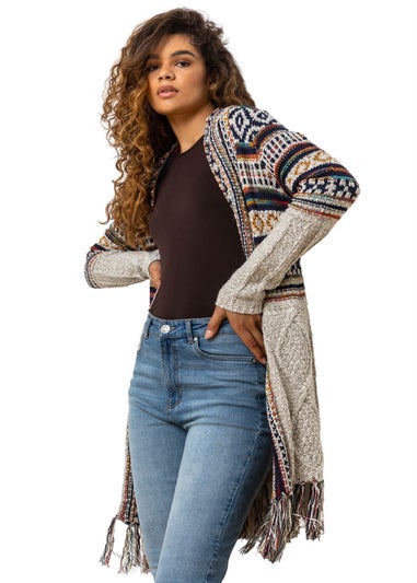 Roman Natural Aztec Print Tassel Hem Longline Cardigan
