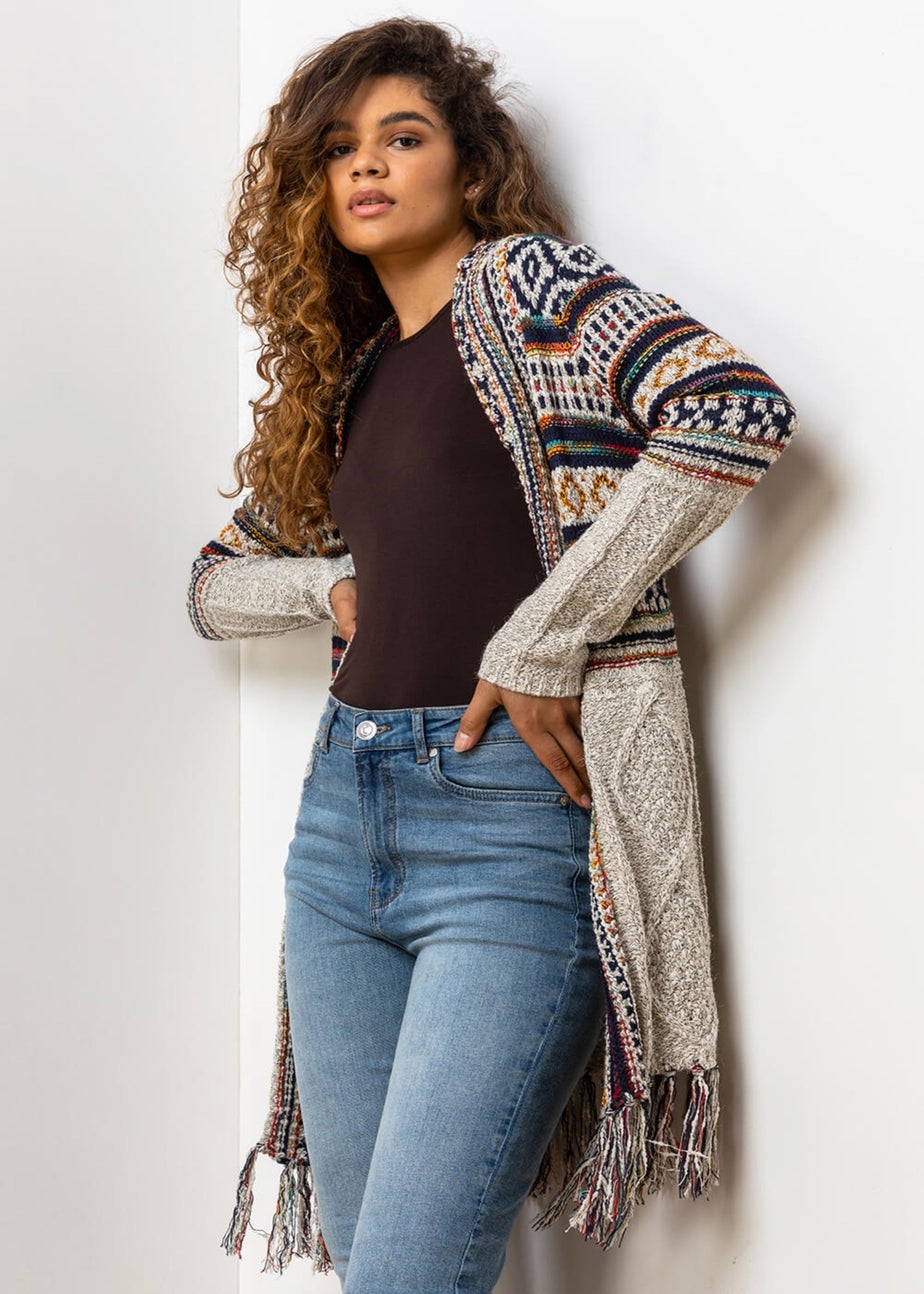 Roman Natural Aztec Print Tassel Hem Longline Cardigan