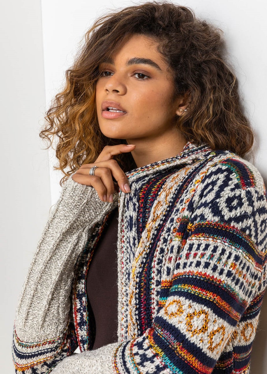 Roman Natural Aztec Print Tassel Hem Longline Cardigan