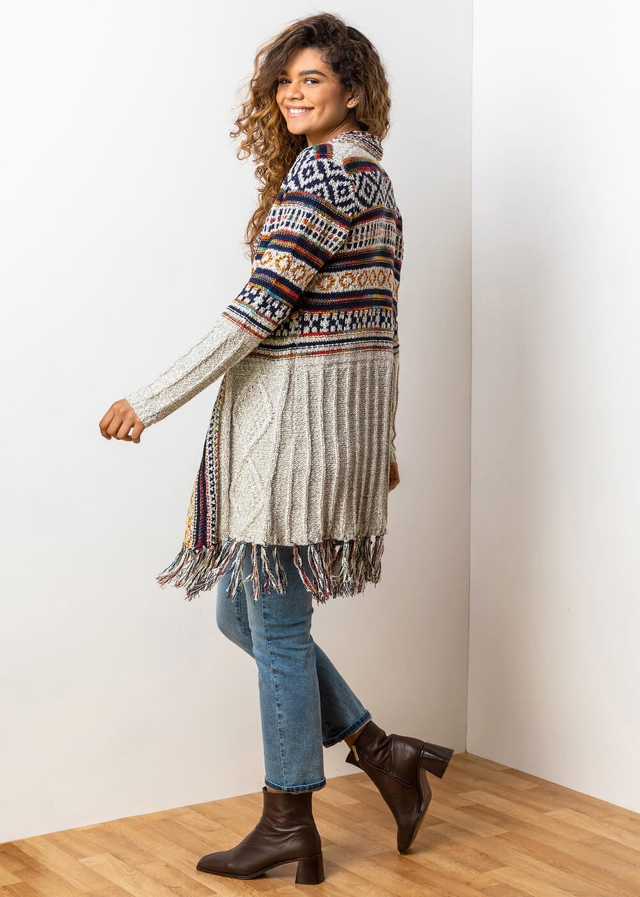 Roman Natural Aztec Print Tassel Hem Longline Cardigan