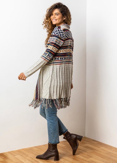 Roman Natural Aztec Print Tassel Hem Longline Cardigan
