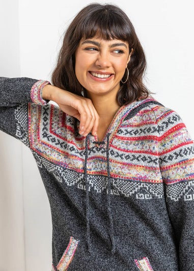 Roman Charcoal Nordic Print Hooded V-Neck Jumper