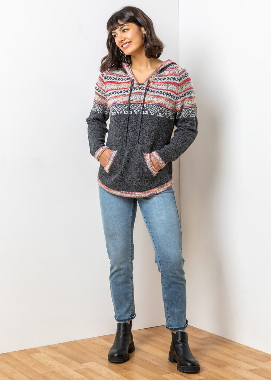 Roman Charcoal Nordic Print Hooded V-Neck Jumper