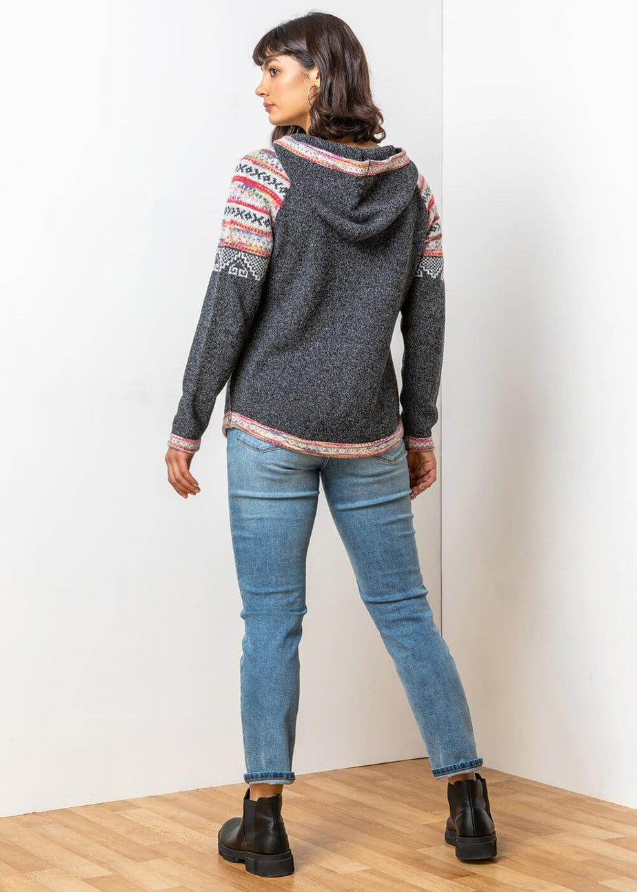 Roman Charcoal Nordic Print Hooded V-Neck Jumper