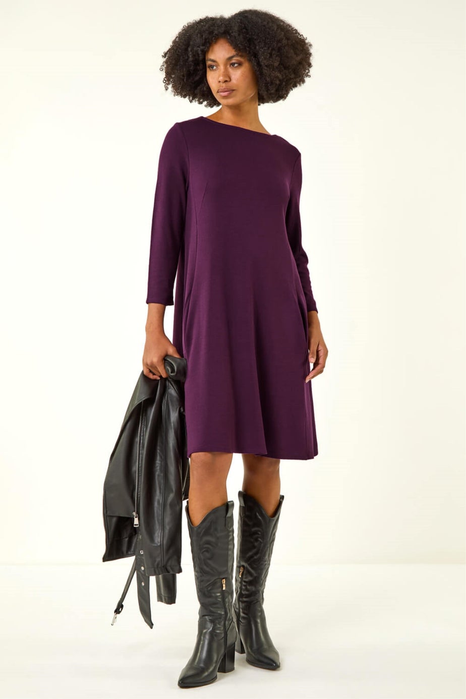 Roman Purple A-Line Pocket Detail Stretch Swing Dress