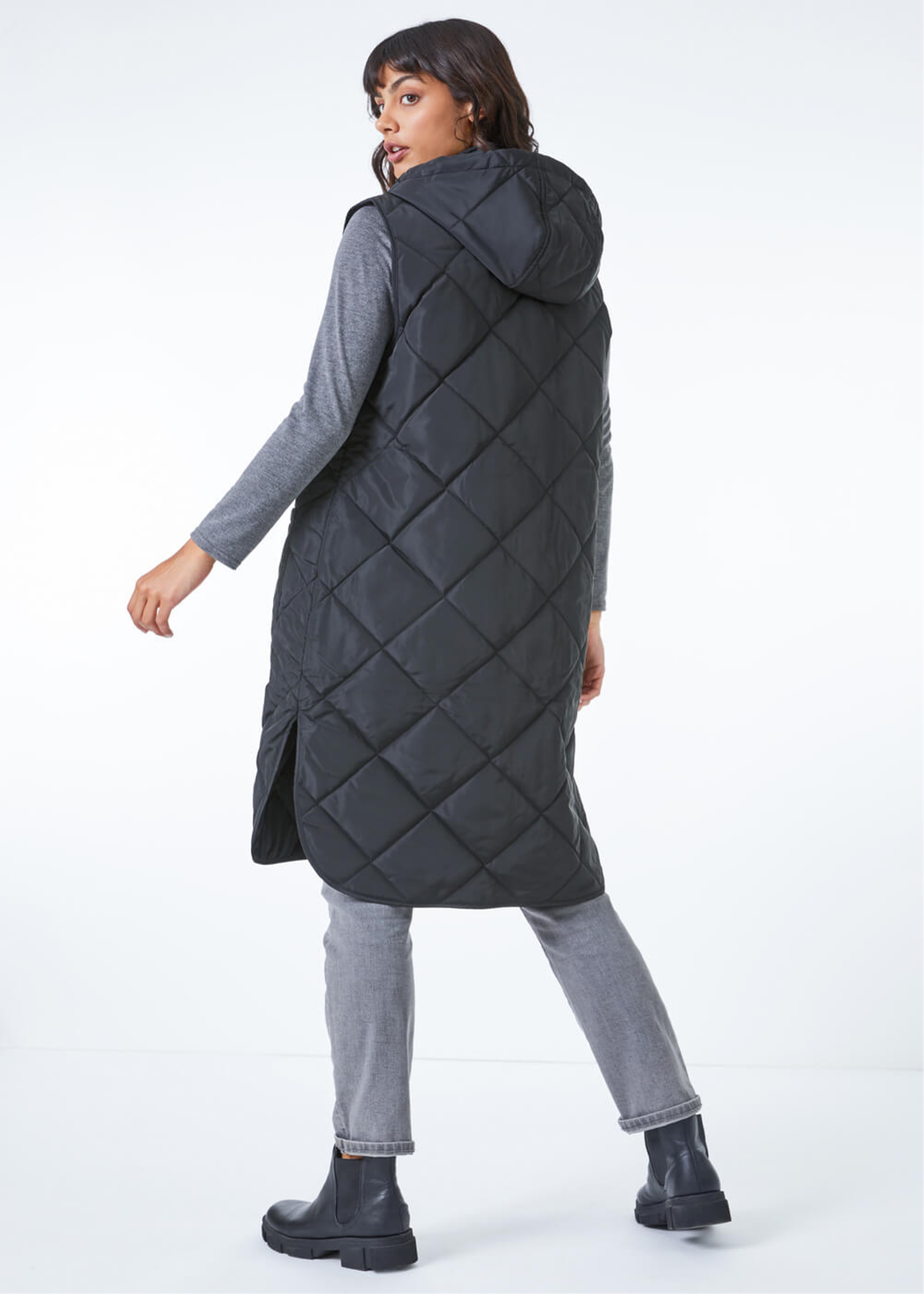 Roman Black Quilted Longline Hooded Gilet