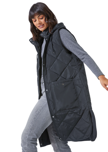Roman Black Quilted Longline Hooded Gilet
